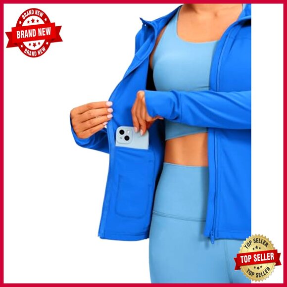 Full Zip Athletic Jacket with Thumb Holes Pockets Hooded Track Top - Picture 3 of 5